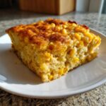 A close-up slice of moist, golden 1-Bowl Corn Casserole studded with whole kernels of corn.