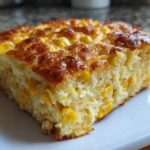 Close-up of a moist slice of baked corn casserole featuring visible kernels of corn and a golden-brown top.