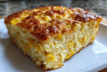 Close-up of a moist slice of baked corn casserole featuring visible kernels of corn and a golden-brown top.