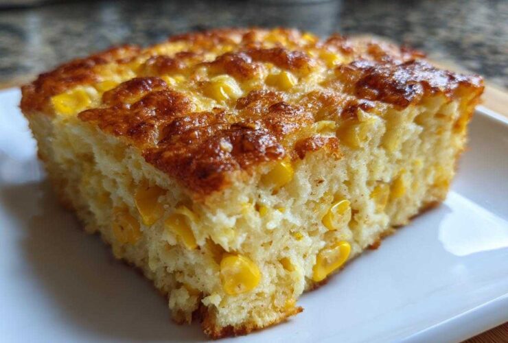 Close-up of a moist slice of baked corn casserole featuring visible kernels of corn and a golden-brown top.