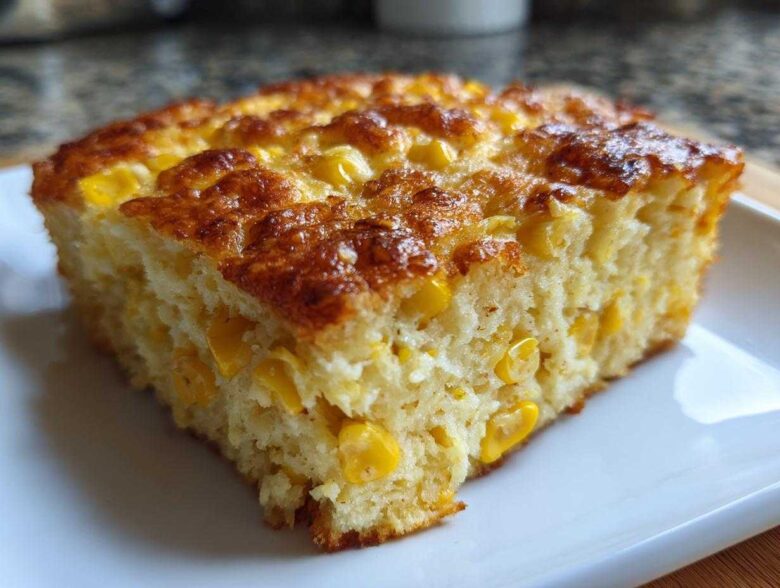 Close-up of a moist slice of baked corn casserole featuring visible kernels of corn and a golden-brown top.