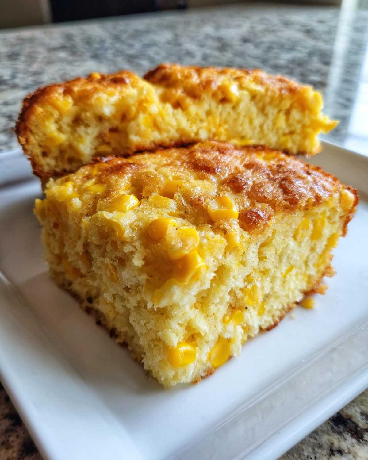 Two thick slices of moist corn casserole, studded with bright yellow corn kernels, served on a white plate.