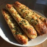 A close-up of four golden brown, cheesy breadsticks topped with parsley on a white plate.