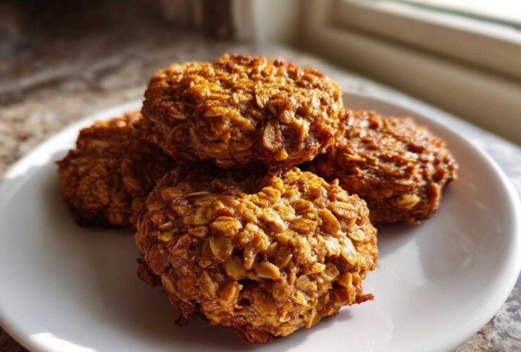 A stack of four golden brown, textured breakfast cookie oat clusters resting on a white plate.