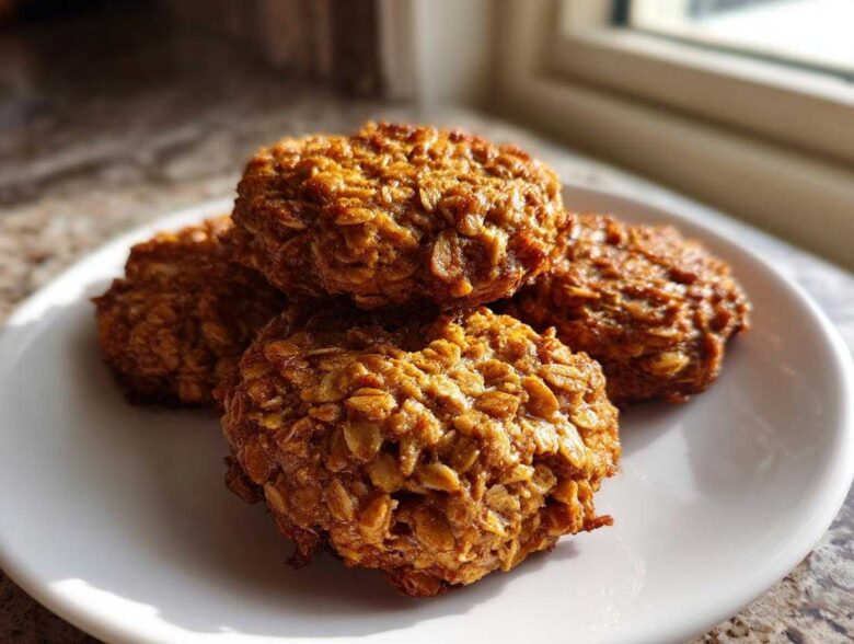 A stack of four golden brown, textured breakfast cookie oat clusters resting on a white plate.