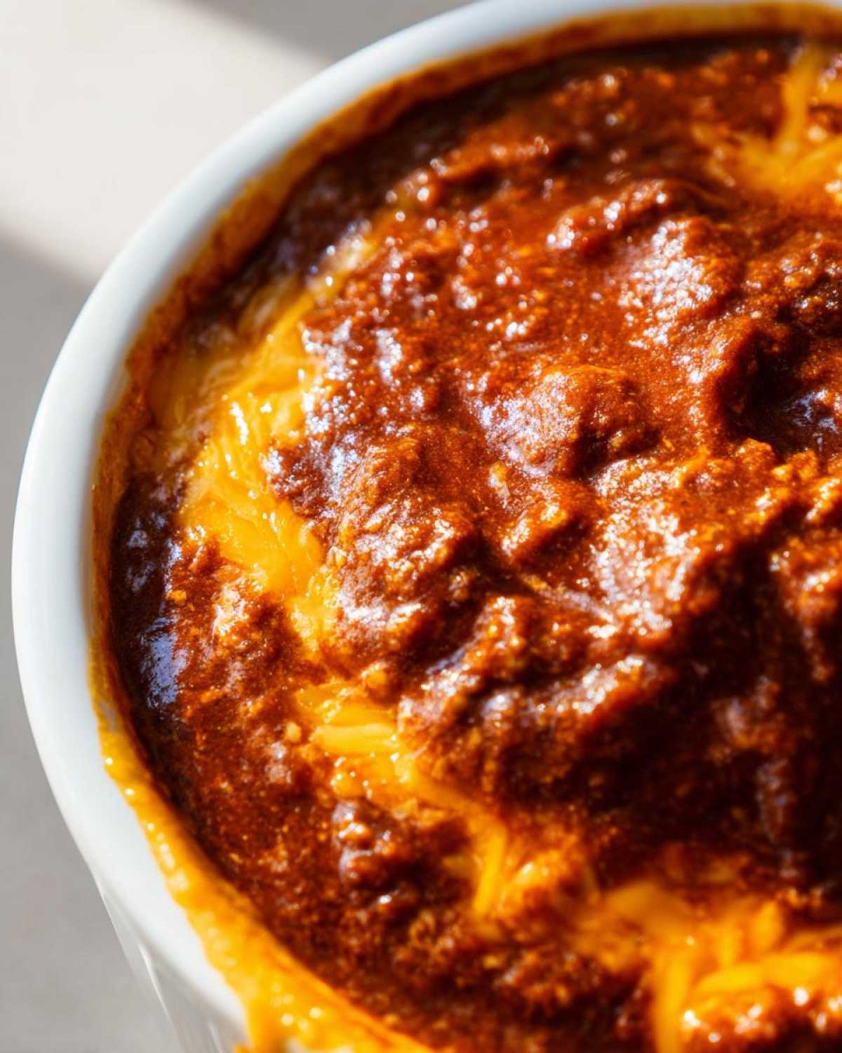 A close-up, top-down view of rich, bubbling chili cheese dip topped with melted orange cheese.