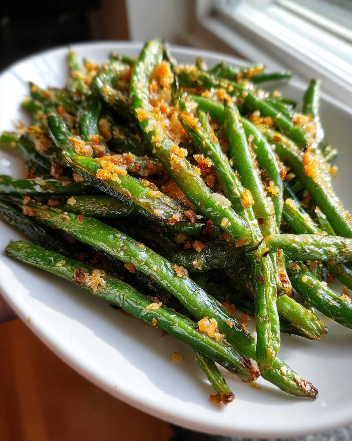 Close-up of bright green beans tossed with a golden, crispy garlic or breadcrumb topping.