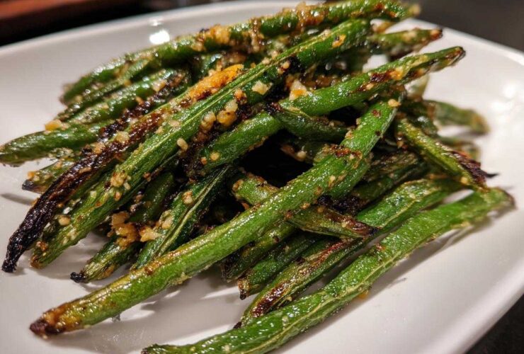 A close-up of perfectly cooked, slightly charred green beans seasoned with minced garlic served on a white plate.
