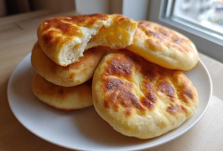 A stack of freshly made, golden-brown pita bread pockets on a white plate, one torn open showing the soft interior.