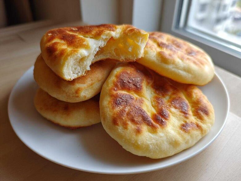 A stack of freshly made, golden-brown pita bread pockets on a white plate, one torn open showing the soft interior.