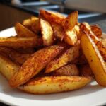 A close-up of golden brown, seasoned air fryer potato wedges piled high on a white plate.