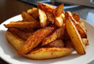 A close-up of golden brown, seasoned air fryer potato wedges piled high on a white plate.