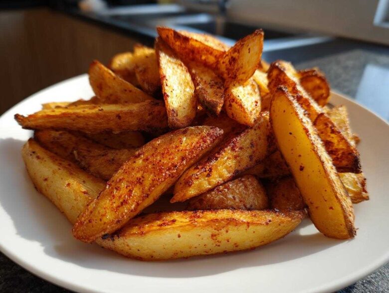 A close-up of golden brown, seasoned air fryer potato wedges piled high on a white plate.