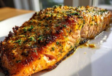 Close-up of a perfectly cooked, golden-brown air fryer salmon fillet topped with herbs.
