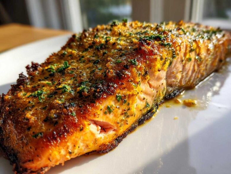 Close-up of a perfectly cooked, golden-brown air fryer salmon fillet topped with herbs.