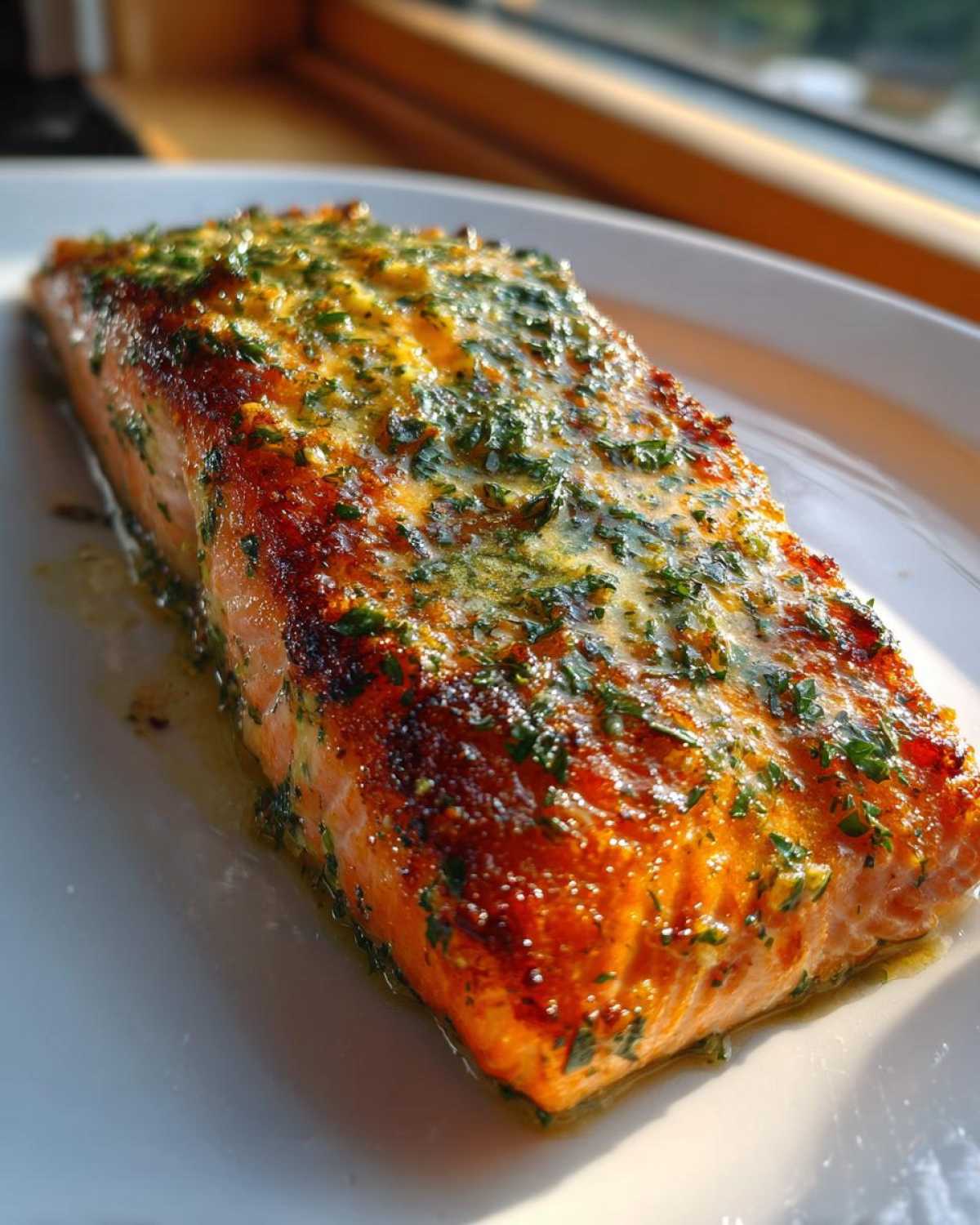 Close-up of a glistening, perfectly cooked piece of air fryer salmon topped with melted butter and fresh parsley.