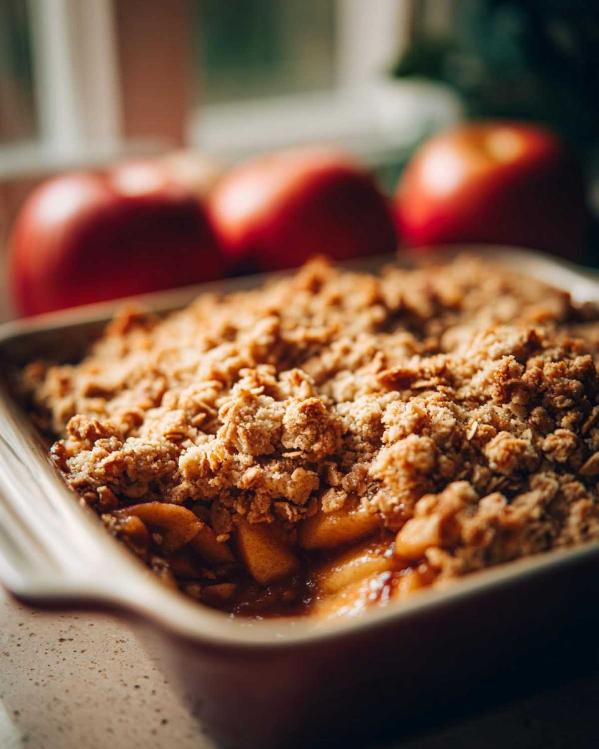 Close-up of a warm apple crisp recipe baked in a ceramic dish with a crunchy oat topping.
