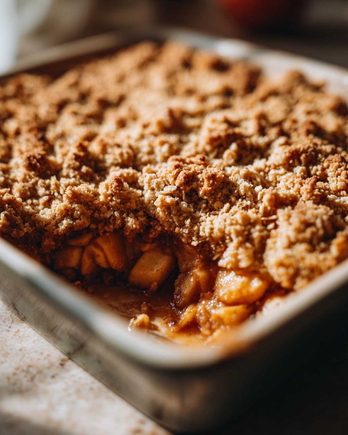 Close-up of a baked apple crisp recipe showing bubbling, spiced apple filling beneath a thick, golden-brown oat crumble topping.