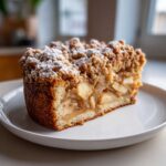 A delicious slice of apple crumb cake featuring thick apple filling and a crunchy streusel topping dusted with powdered sugar.