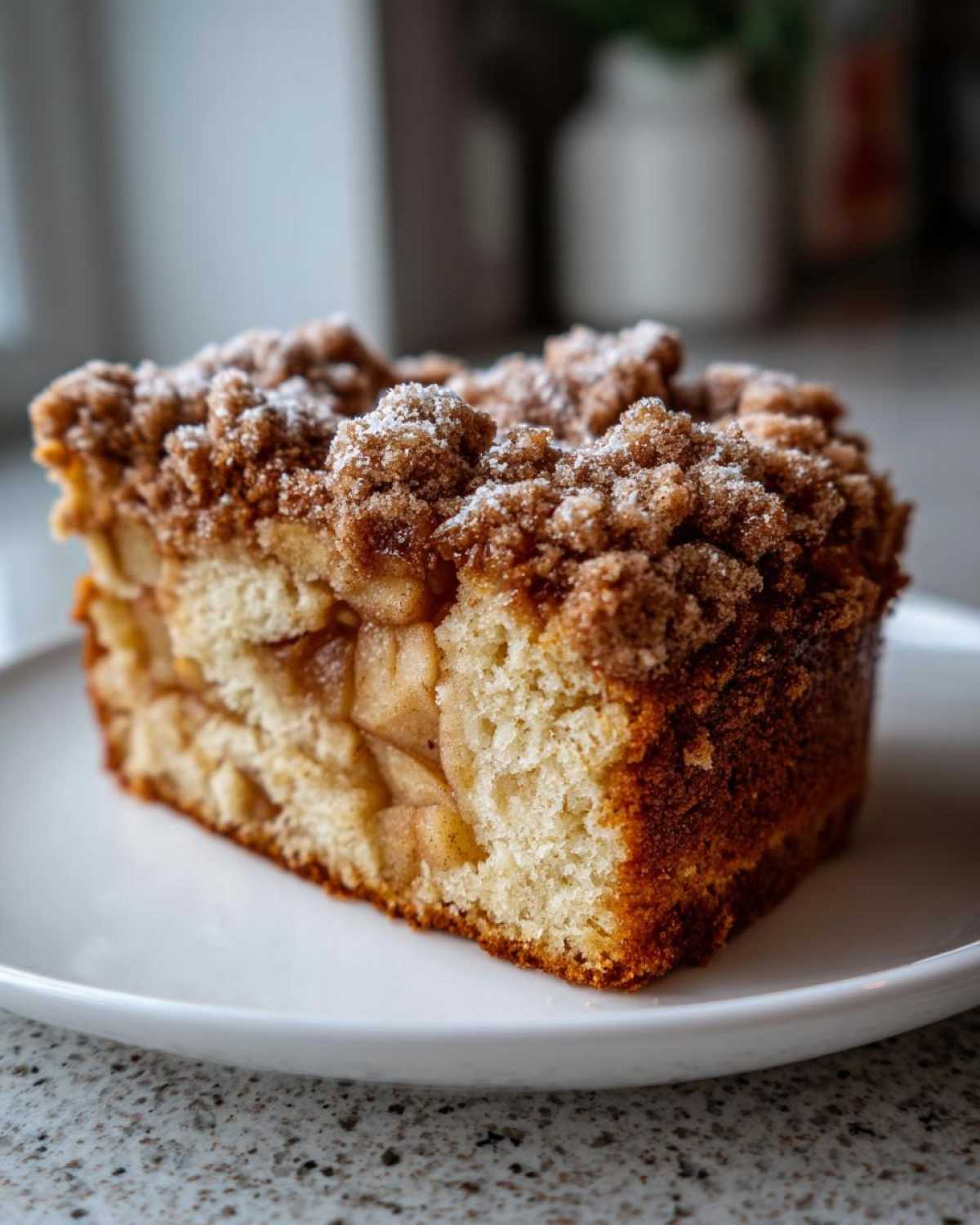 A close-up of a thick slice of moist apple crumb cake topped with cinnamon streusel and powdered sugar.