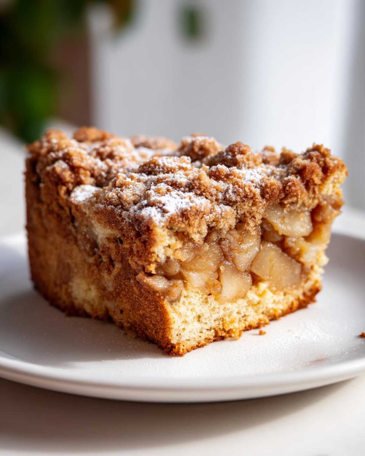 Close-up of a moist slice of apple crumb cake topped with streusel and dusted with powdered sugar.
