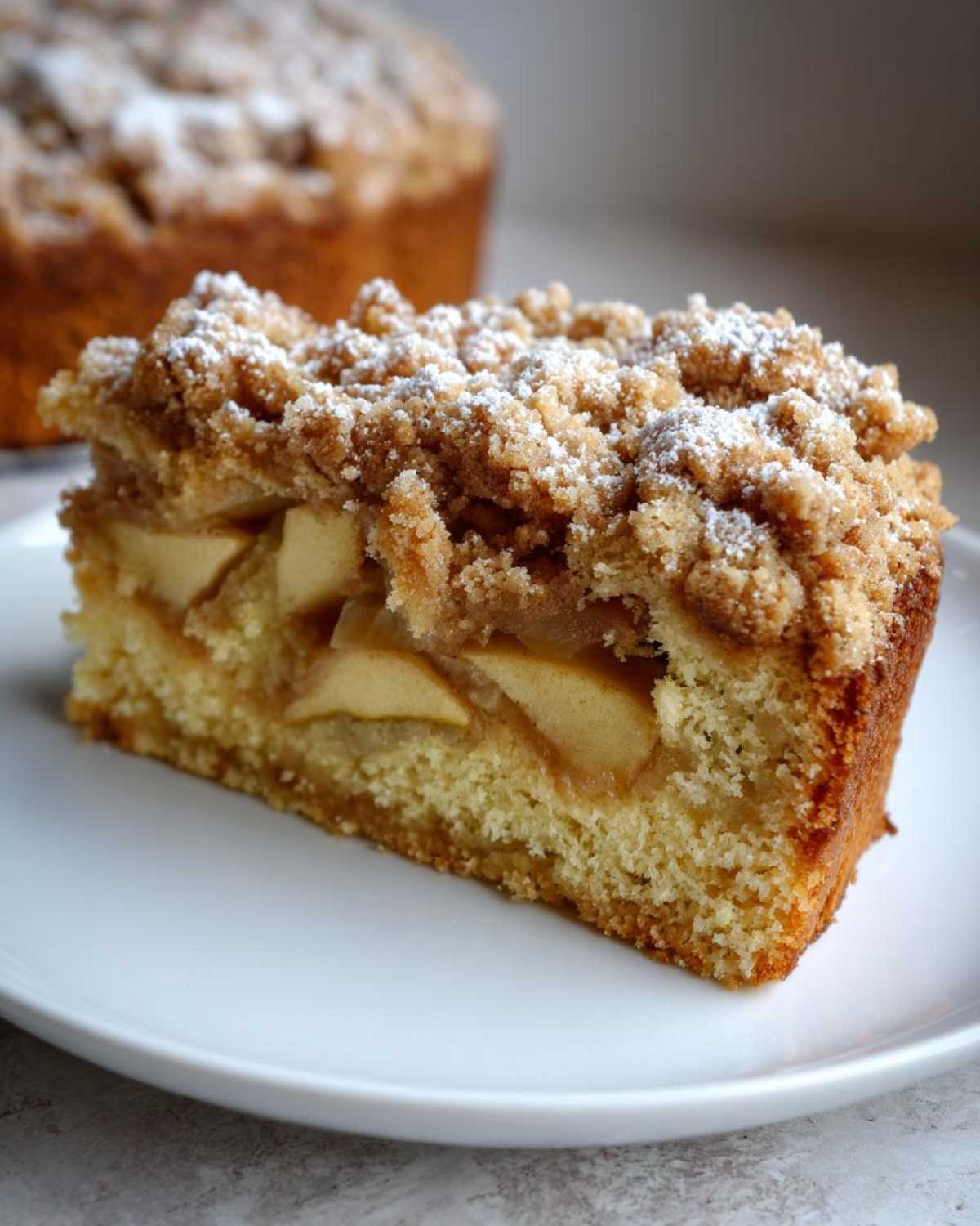 A close-up slice of amazing apple crumb cake, showing layers of cake, apples, and crumb topping dusted with powdered sugar.