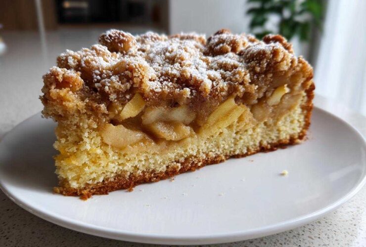 A generous slice of amazing apple crumb cake, showing layers of moist cake, spiced apples, and a thick, sugary crumb topping.