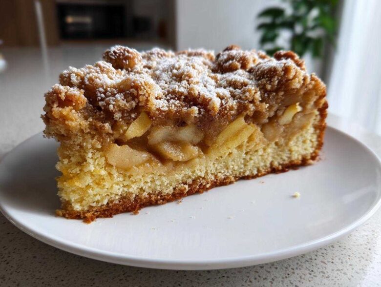 A generous slice of amazing apple crumb cake, showing layers of moist cake, spiced apples, and a thick, sugary crumb topping.