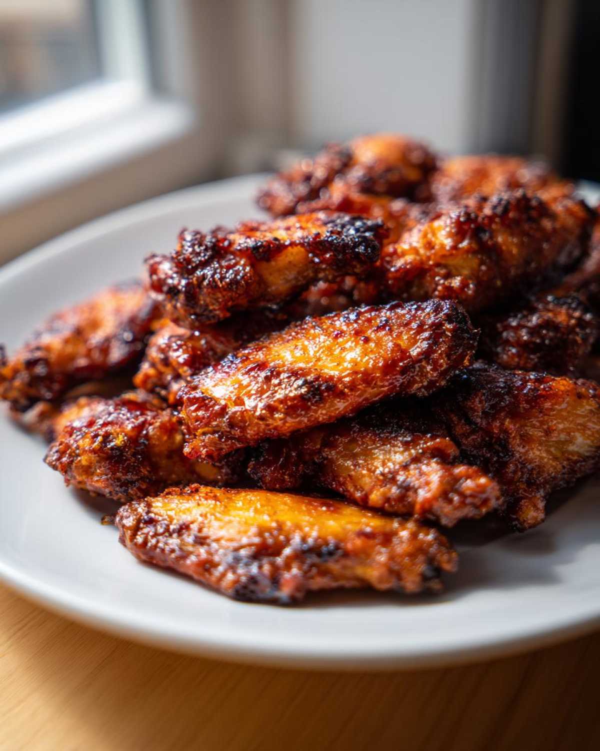 A close-up of a white plate piled high with crispy, glazed baked chicken wings, catching the light near a window.