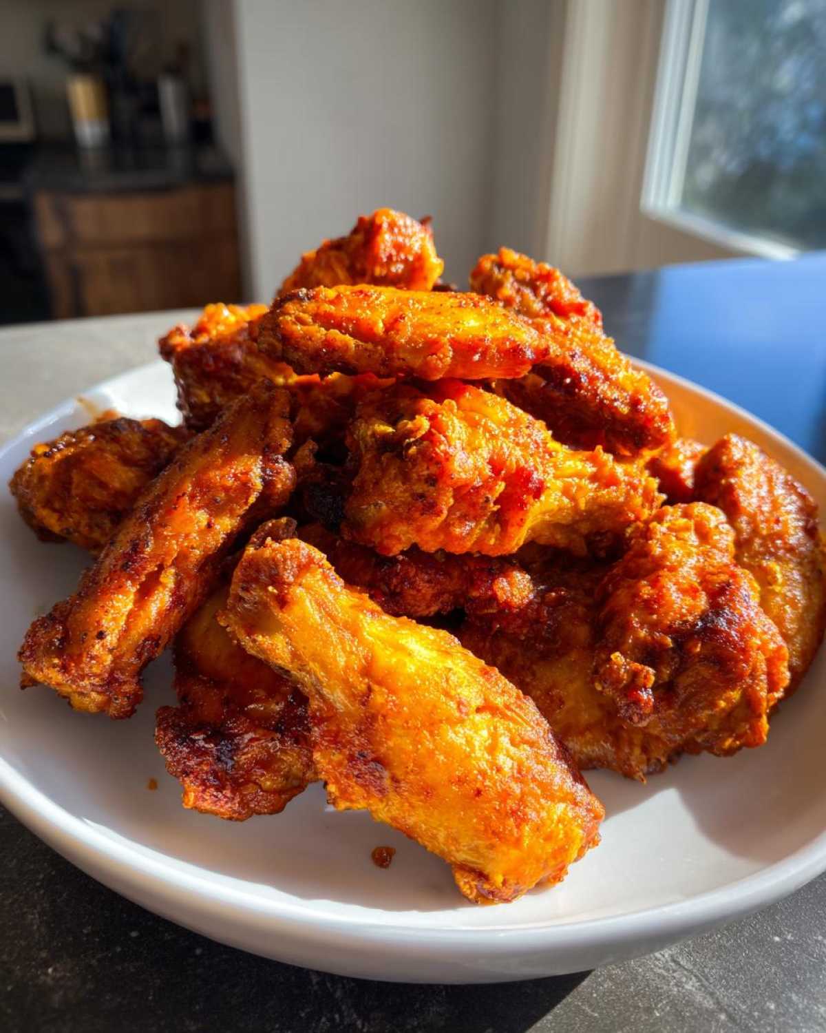A generous pile of golden-brown, saucy baked chicken wings served on a white plate.