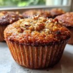 A close-up, low-angle shot of a freshly baked banana nut muffin with a caramelized top sprinkled with chopped nuts.
