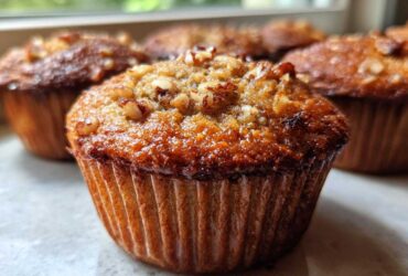 A close-up, low-angle shot of a freshly baked banana nut muffin with a caramelized top sprinkled with chopped nuts.