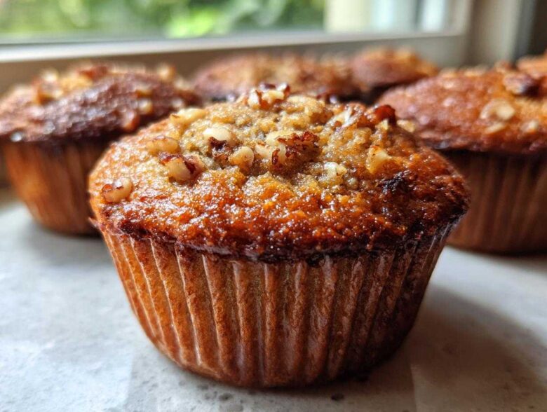 A close-up, low-angle shot of a freshly baked banana nut muffin with a caramelized top sprinkled with chopped nuts.
