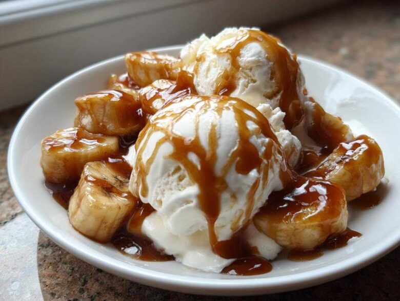 Close-up of warm, caramelized bananas foster served over scoops of vanilla ice cream drizzled with rich caramel sauce.