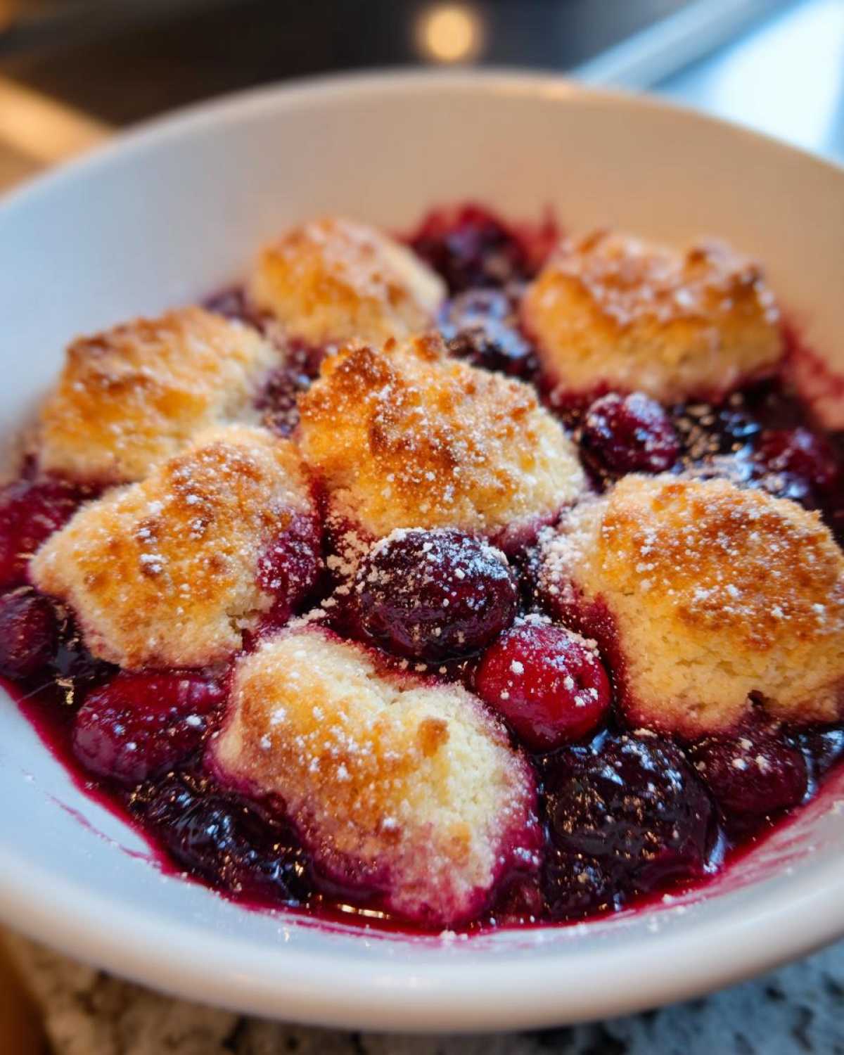 A close-up view of a warm berry cobbler served in a white bowl, topped with golden biscuits and powdered sugar.
