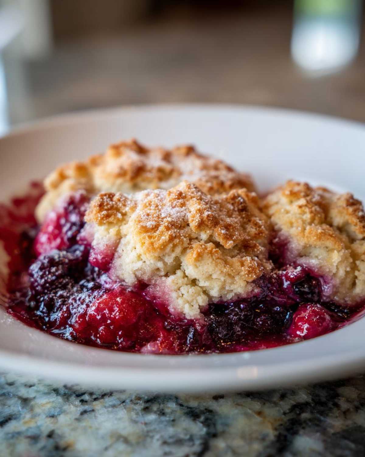 A close-up of warm berry cobbler featuring juicy mixed berries and a golden, sugared biscuit topping.