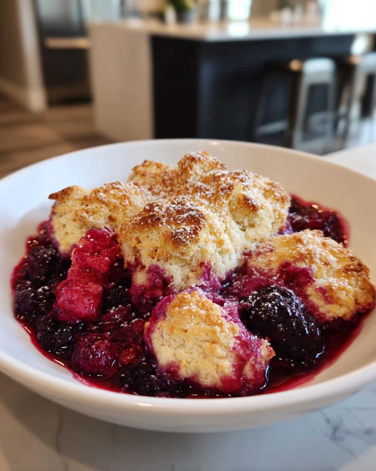 Close-up of a warm berry cobbler with golden biscuit topping and rich berry filling, dusted with powdered sugar.