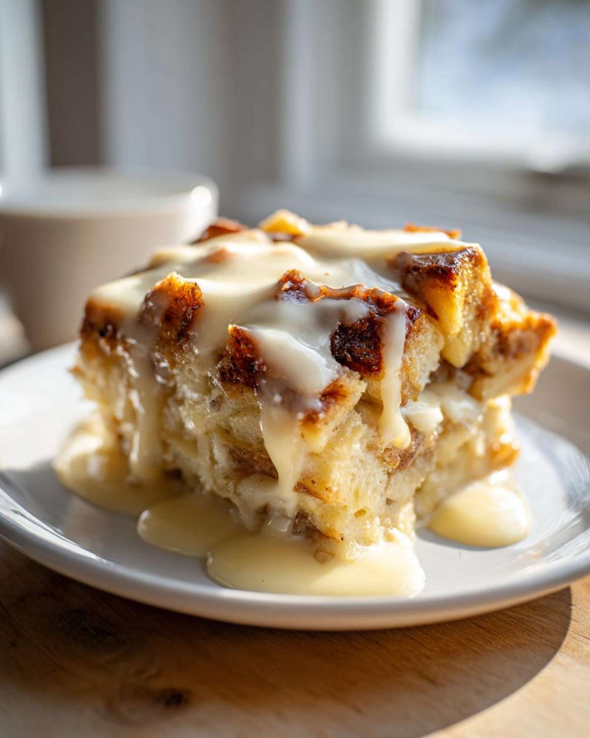 A close-up shot of a square slice of amazing bread pudding generously covered in vanilla sauce.