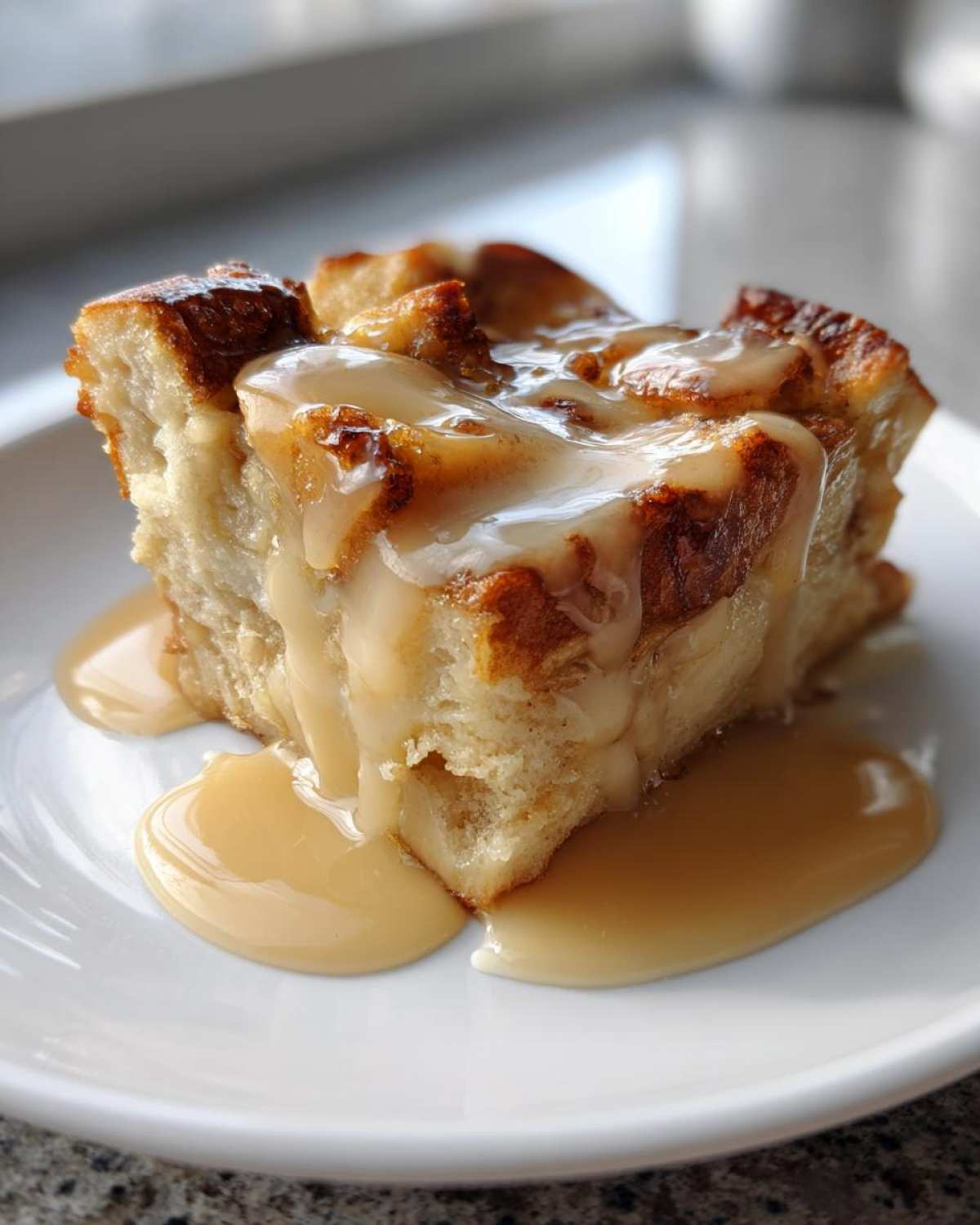 A close-up of a square slice of bread pudding generously topped with a thick, creamy caramel sauce.
