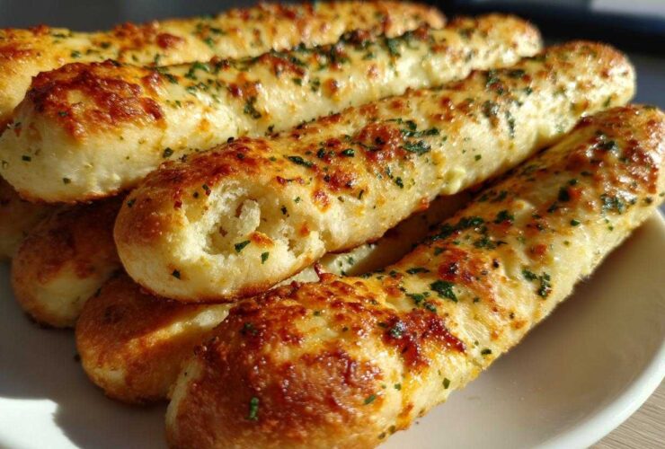 Close-up of several golden, cheesy garlic breadsticks topped with parsley, ready to eat.