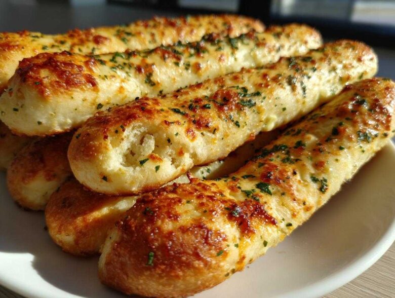 Close-up of several golden, cheesy garlic breadsticks topped with parsley, ready to eat.