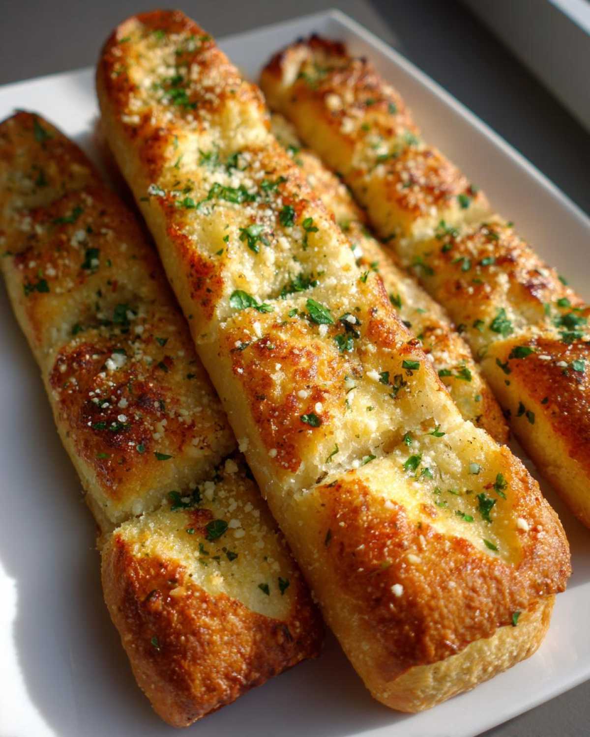 Close-up of four golden brown, buttery breadsticks seasoned with grated Parmesan cheese and fresh parsley.