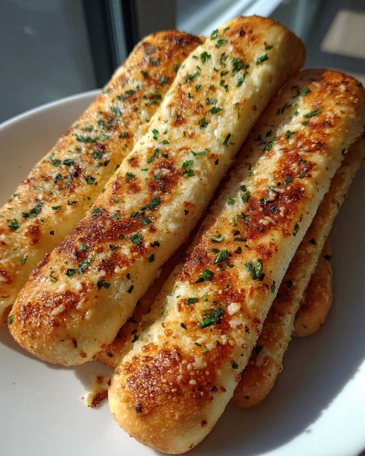 Close-up of several golden brown, freshly baked breadsticks seasoned with garlic and chopped parsley.