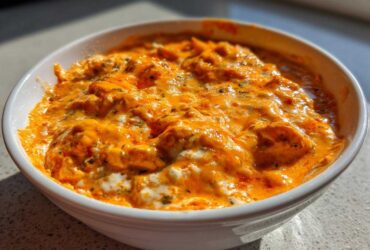 Close-up of creamy, cheesy, orange buffalo chicken dip served hot in a white bowl.
