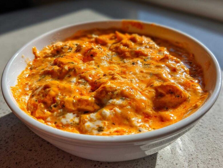 Close-up of creamy, cheesy, orange buffalo chicken dip served hot in a white bowl.
