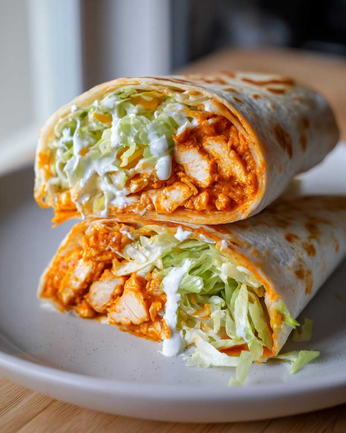 Close-up of a buffalo chicken wrap cut in half, showing chunks of orange buffalo chicken, shredded lettuce, and ranch dressing.