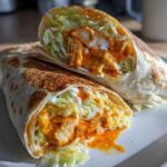 Two halves of an amazing buffalo chicken wrap showing chunks of chicken coated in orange sauce, lettuce, and white dressing.