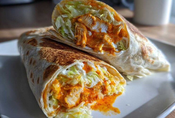 Two halves of an amazing buffalo chicken wrap showing chunks of chicken coated in orange sauce, lettuce, and white dressing.