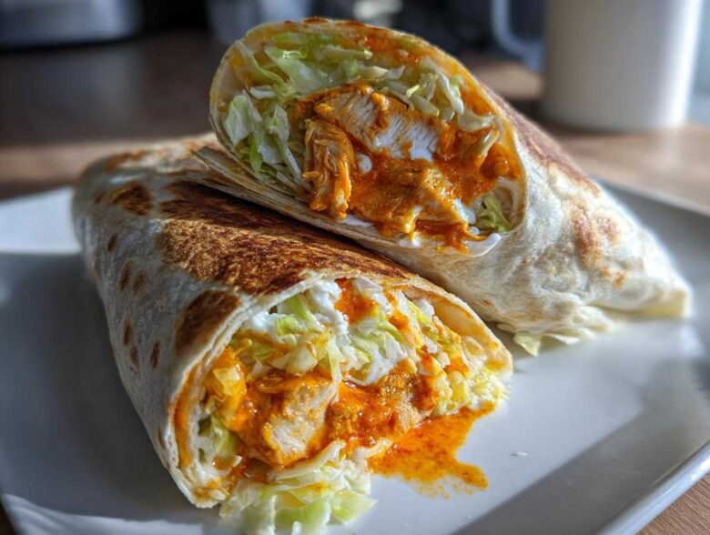 Two halves of an amazing buffalo chicken wrap showing chunks of chicken coated in orange sauce, lettuce, and white dressing.