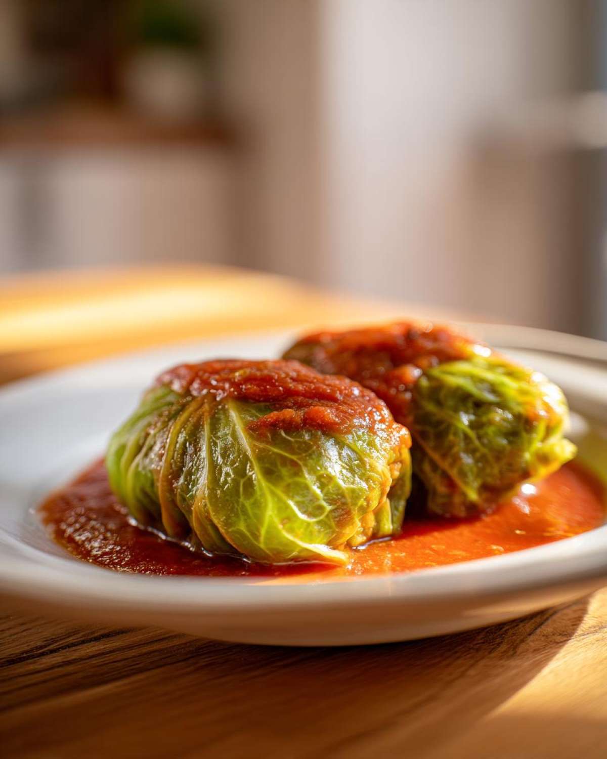 Close-up of two homemade cabbage rolls wrapped in bright green leaves and covered in rich tomato sauce.